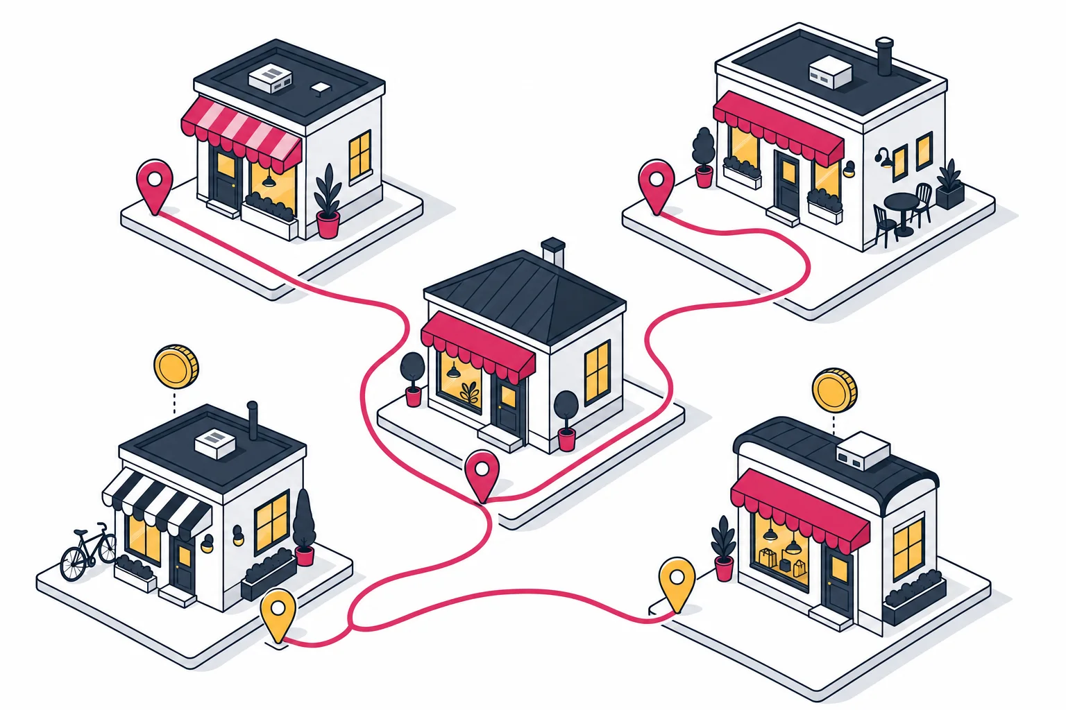Isometric illustration of five storefronts on floating tiles, connected by a route line with raspberry and gold location pins