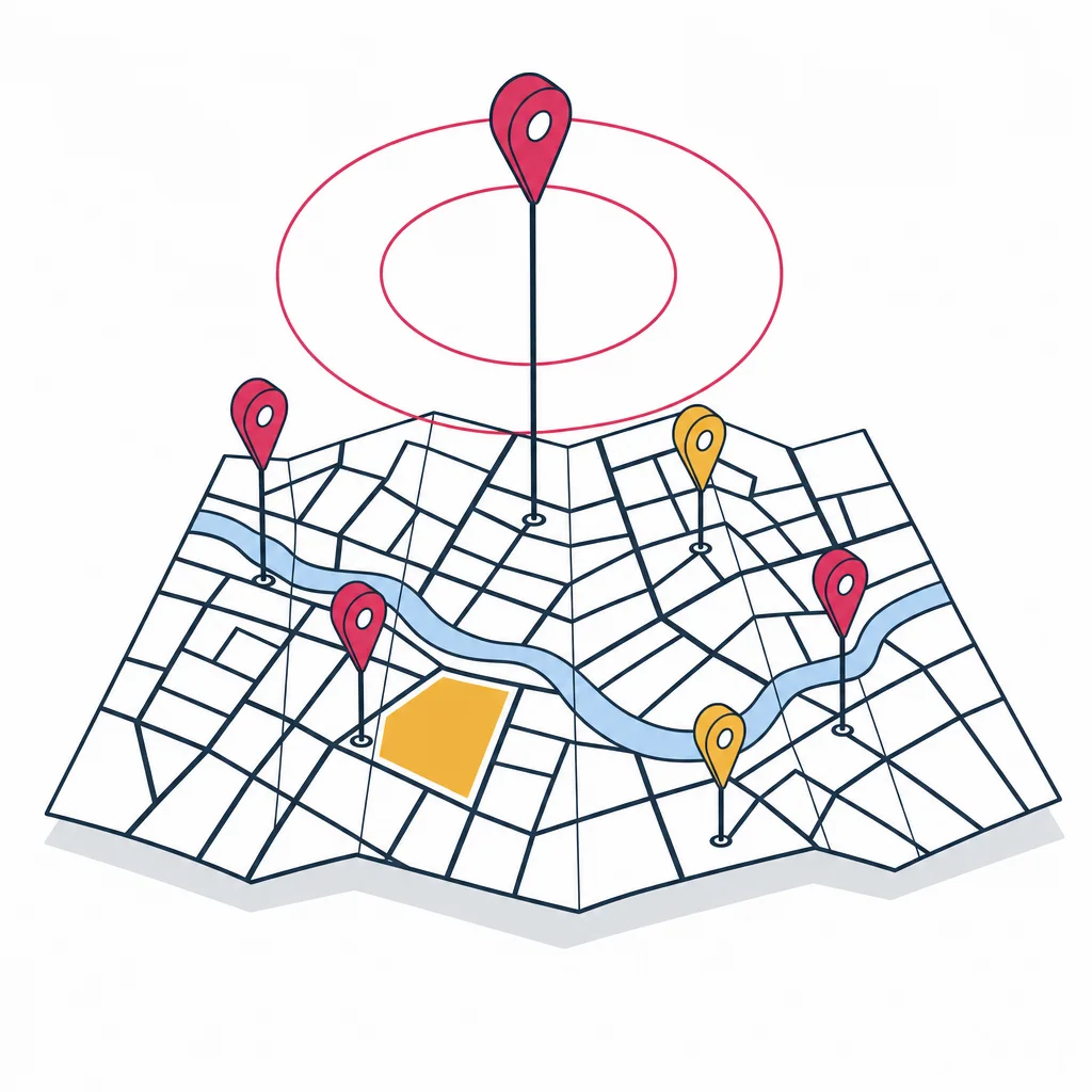 Isometric map fragment with raspberry and gold location pins and radiating coverage rings