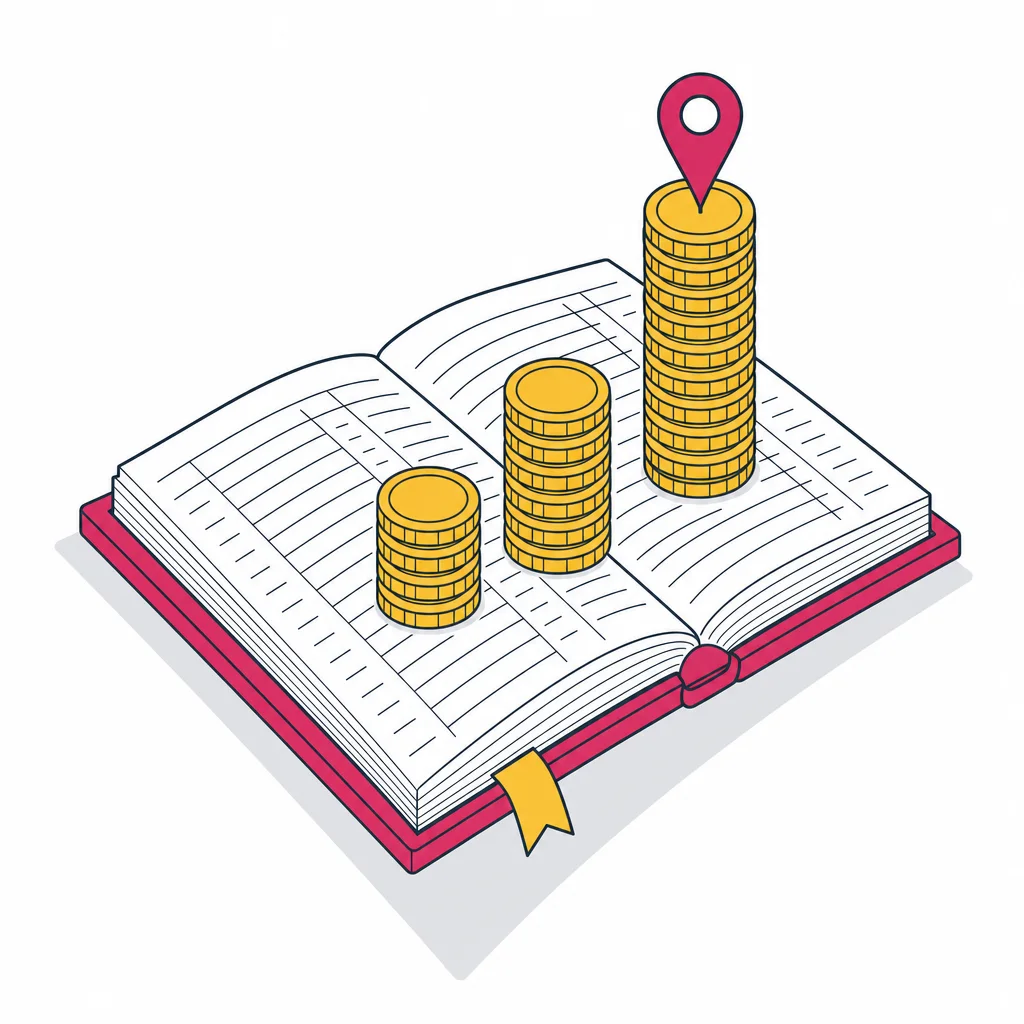 Isometric illustration of an open ledger book with three coin stacks and a raspberry location pin planted on the tallest