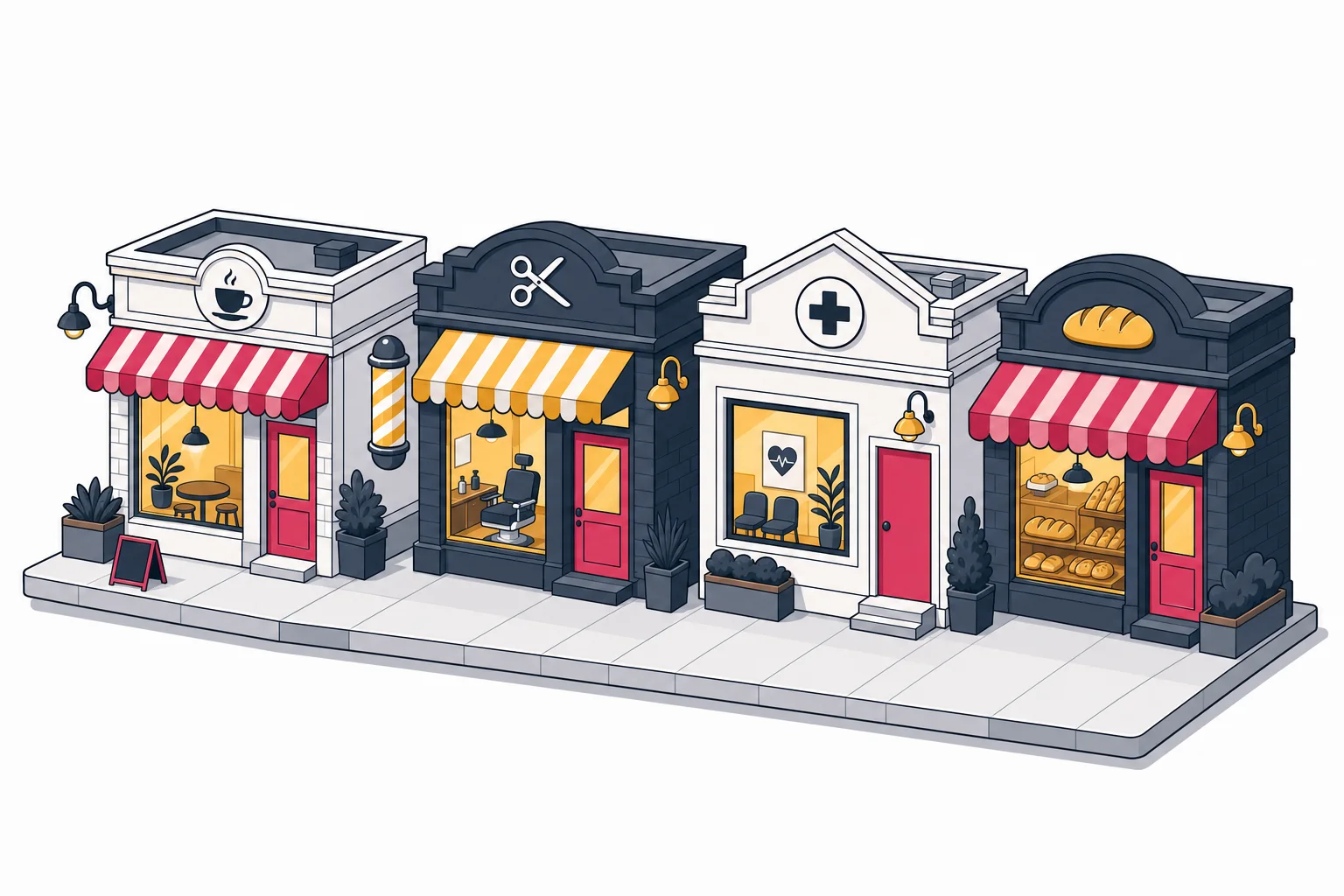 Isometric row of four storefronts: cafe, barbershop, clinic, and bakery on one floating tile